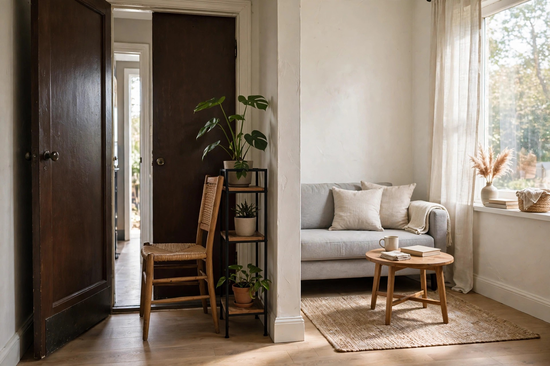 Chair and plant stand standing by a doorway into a small living room with a grey sofa