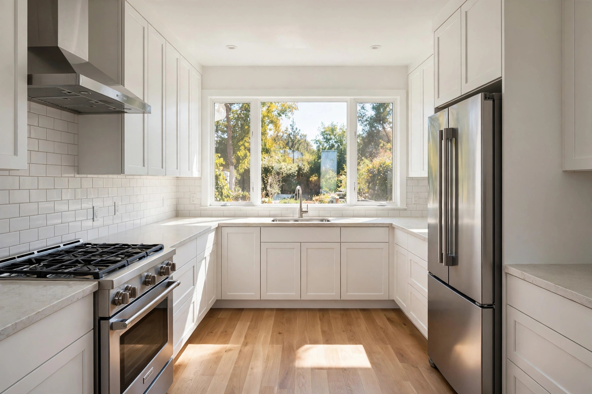 U-shaped kitchen with the stove on the left run, the sink centered under a wide window and a stainless fridge at the end of the right run