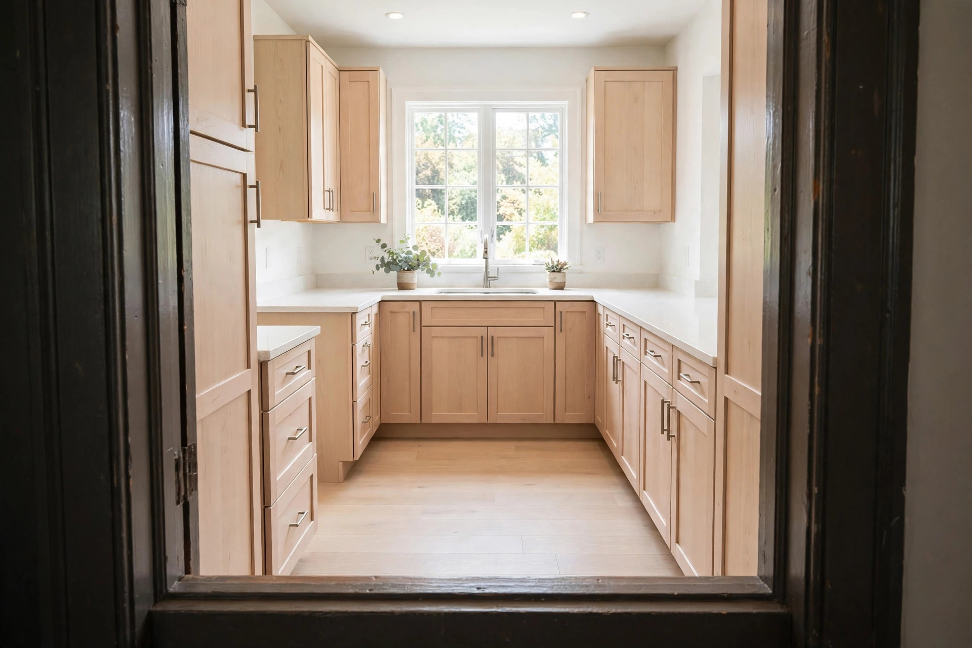 View through a doorway into a light wood U-shaped kitchen with the entrance opening completely clear