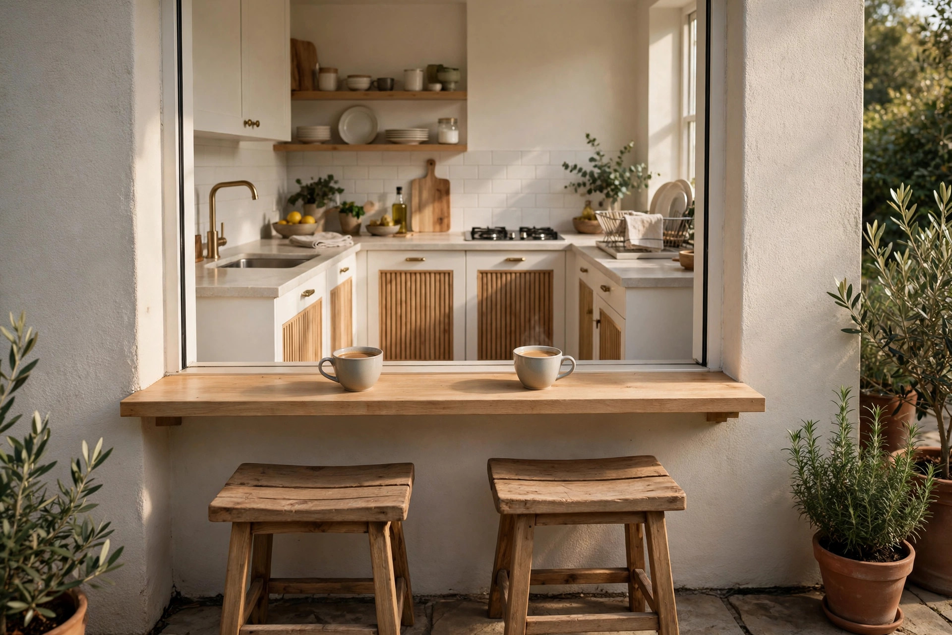 Two wooden stools tucked under a slim wood ledge with two coffee cups, facing a small U-shaped kitchen