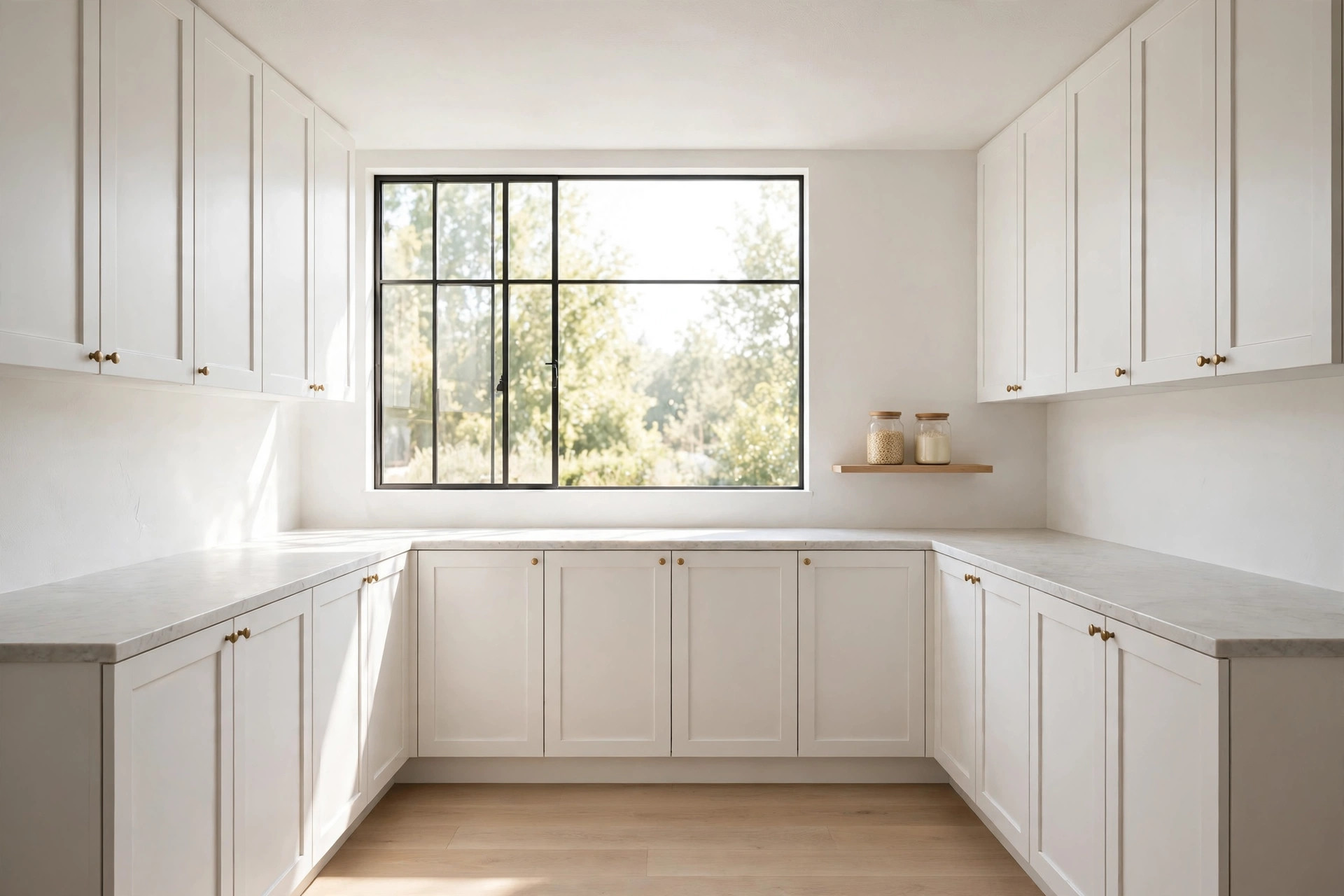 U-shaped kitchen with upper cabinets on two sides only, a wide window and a small shelf with two jars on the third wall