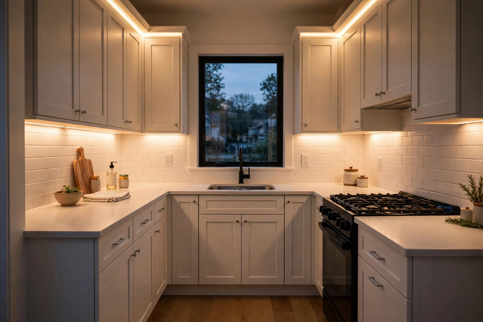 U-shaped kitchen at dusk with warm LED strip lights glowing under the upper cabinets along all three runs