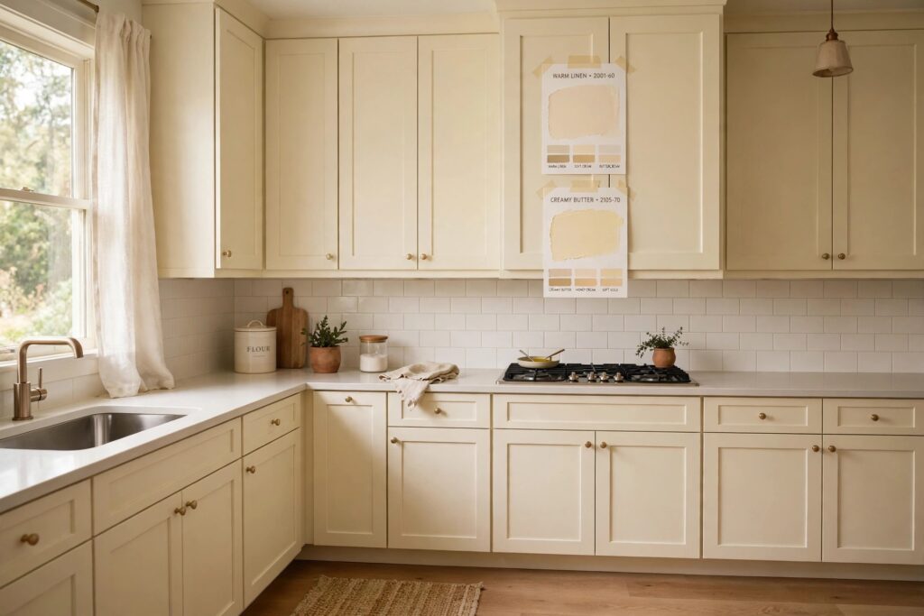 Creamy white kitchen cabinets with two warm paint swatch cards taped to a cabinet door