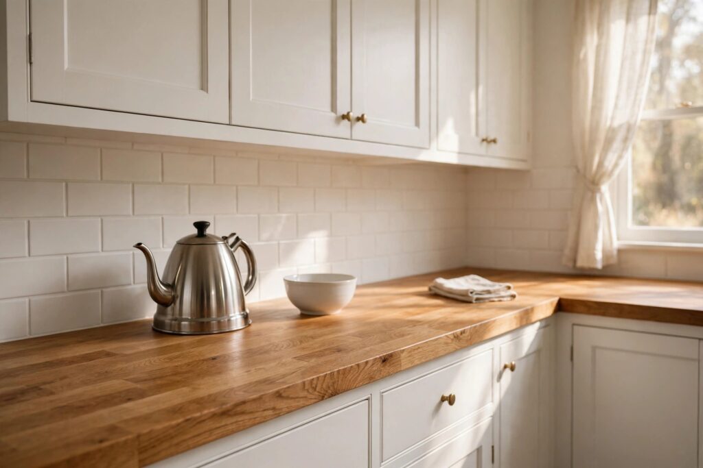Close view of an oak butcher block countertop with a steel kettle and a white bowl under white cabinets