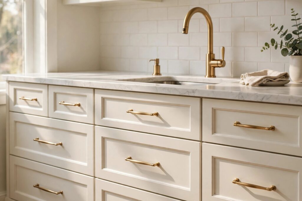 Creamy white drawers with brushed brass handles and a brass faucet at a marble counter sink