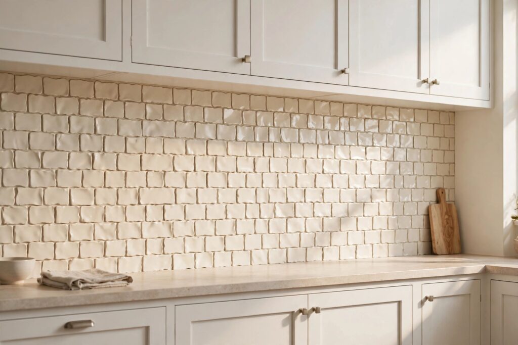Handmade-look warm ivory tiles with uneven edges forming a backsplash between white cabinets