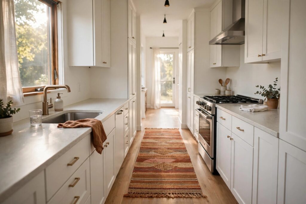 Narrow galley white kitchen with a woven runner in rust and clay tones along the wood floor
