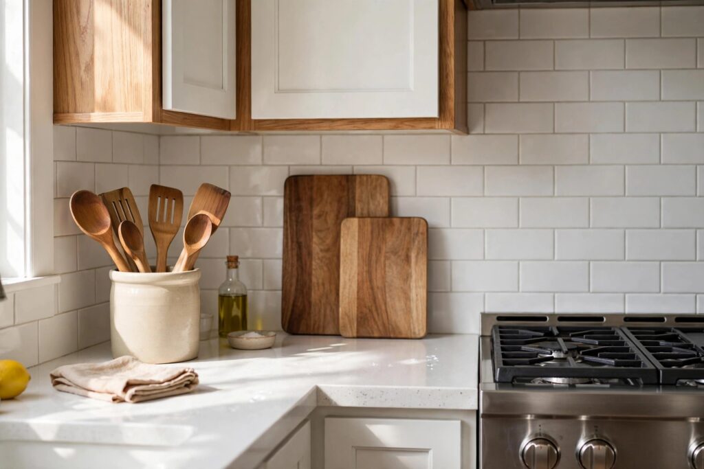 Wooden cutting boards leaning by the stove and a crock of wooden spoons on a white kitchen counter