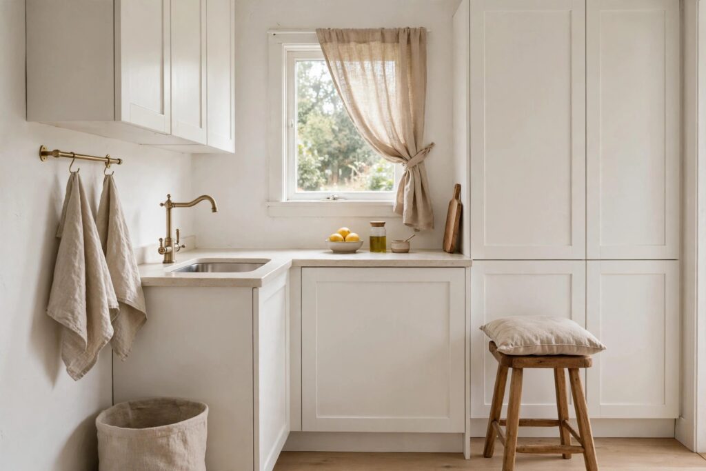 Small white kitchen corner with natural linen towels, a linen window curtain and a cushion on a wooden stool