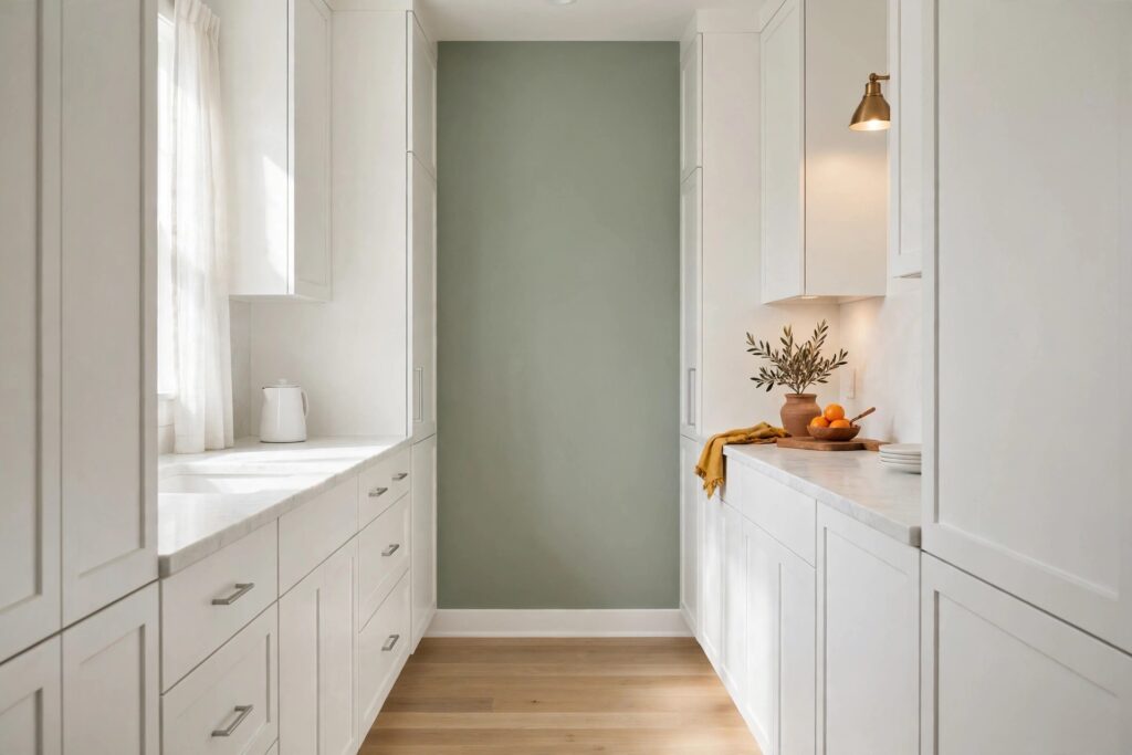 White galley kitchen with the short end wall painted soft sage green