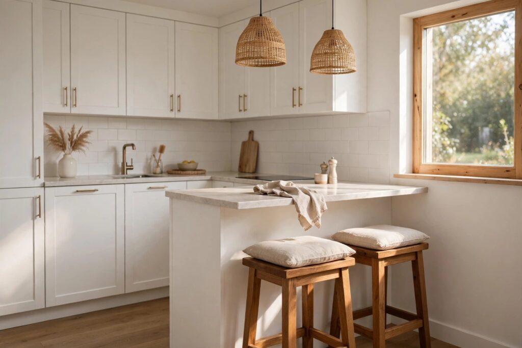 Two wooden stools with natural linen cushions at a small white kitchen counter overhang