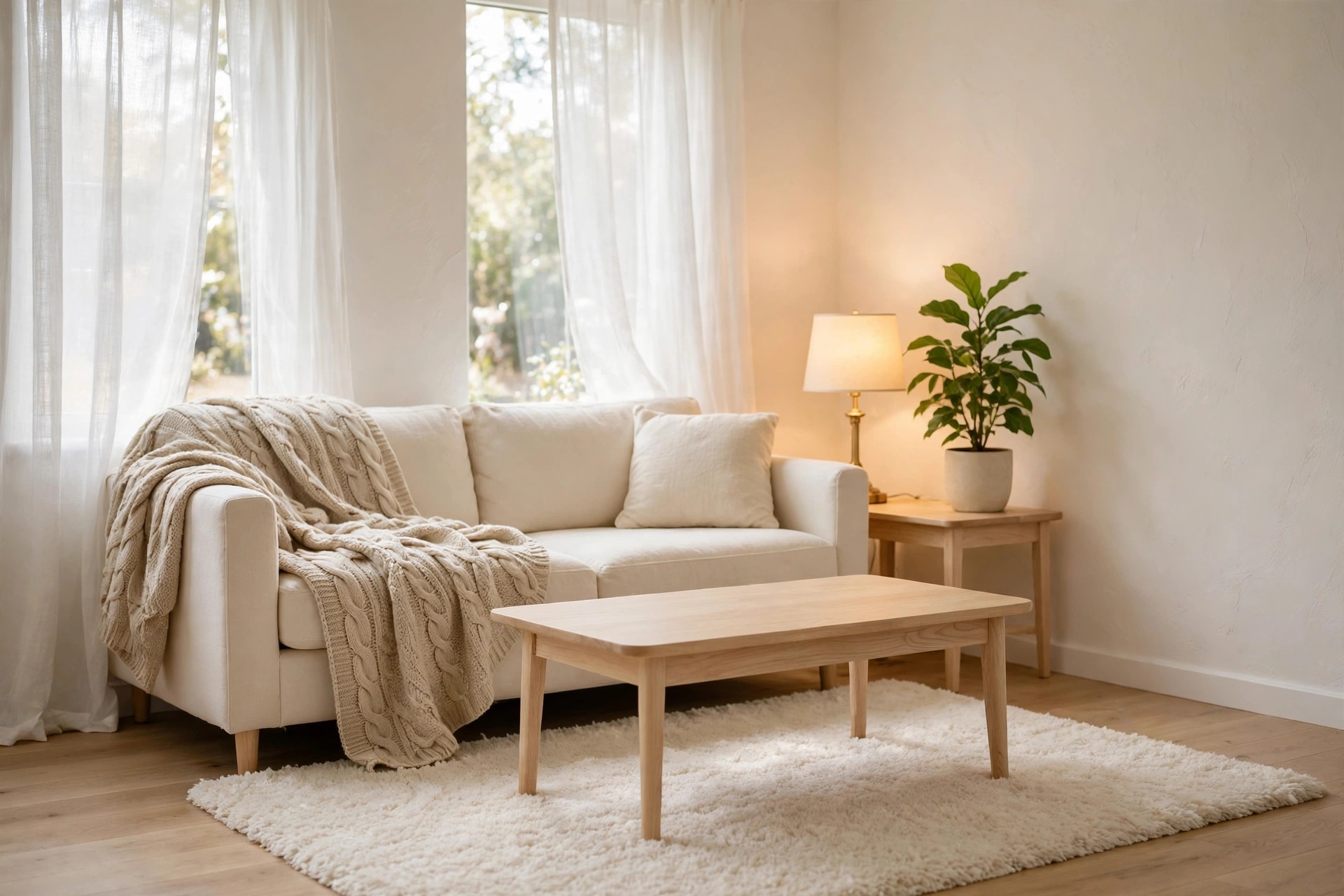 Cream sofa with a chunky knit throw over one arm, a pale wood coffee table, a warm lamp and a potted plant beside sheer curtains