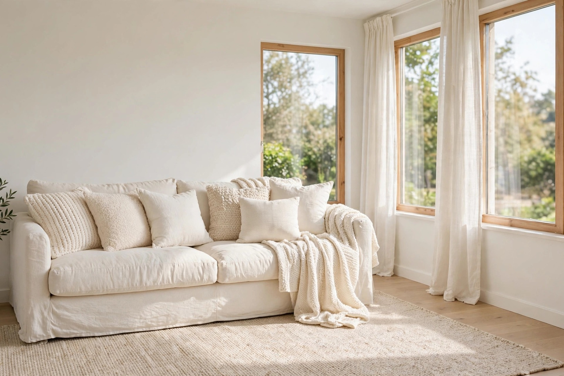 Slipcovered sofa layered with cream, ivory and knit cushions and a cream throw, on a pale wood floor beside sheer curtains