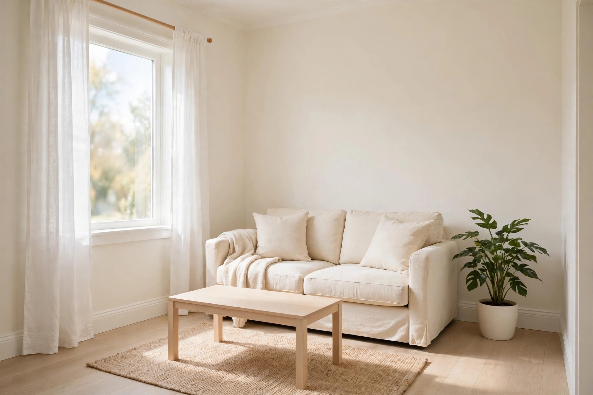 Cream sofa with a pale wood coffee table on a woven rug, sheer curtains at the window and a potted plant beside the sofa