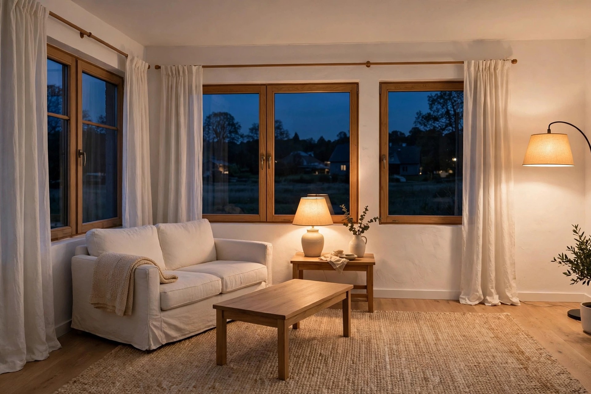 Small white living room in the evening lit by a warm glowing table lamp and a tall arc floor lamp, with a white sofa and wood coffee table