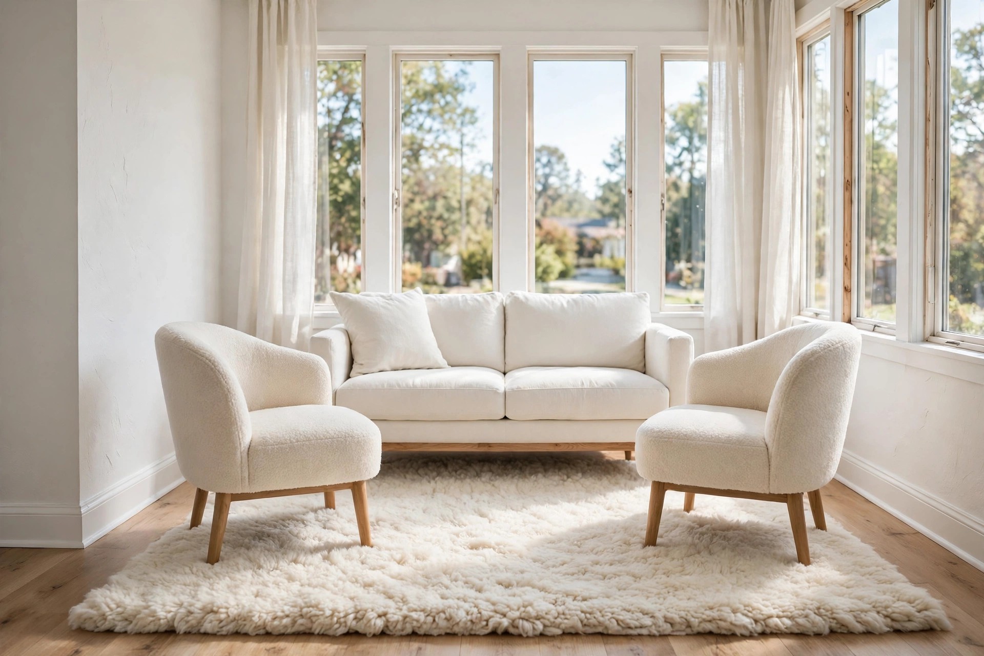 Thick cream wool rug under a white sofa and two cream boucle chairs, with pale wood floor showing at the edges