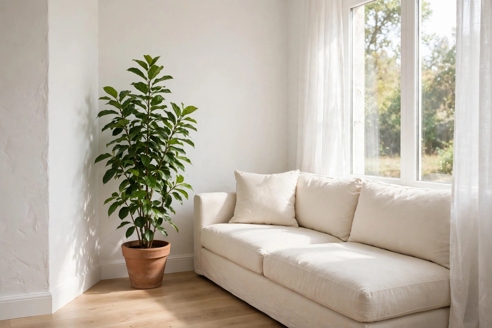 Tall leafy green plant in a plain clay pot in a corner beside a cream sofa, near sheer curtains