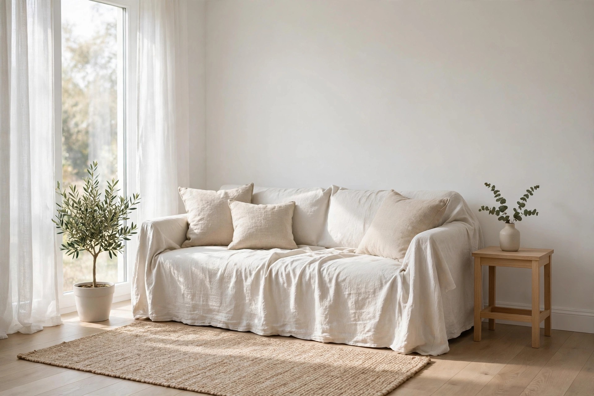 Sofa in a matte linen slipcover with linen cushions, beside a pale wood side table and a potted olive tree