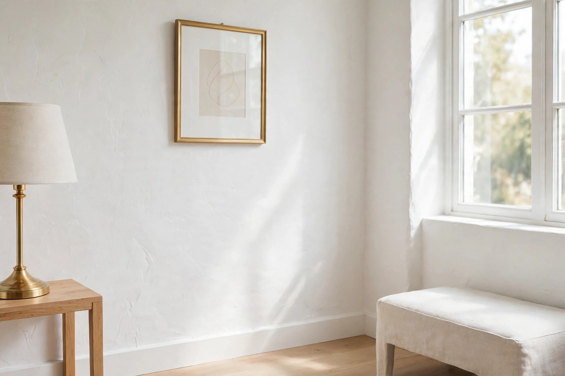 Brass lamp base on a pale wood side table and a gold framed print on a white wall, beside a cream bench by a window
