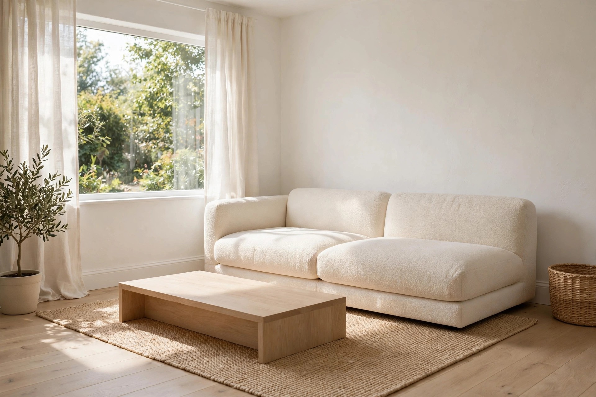 Low cream sofa with soft deep seats and a low back, a pale wood coffee table and a woven basket at its side
