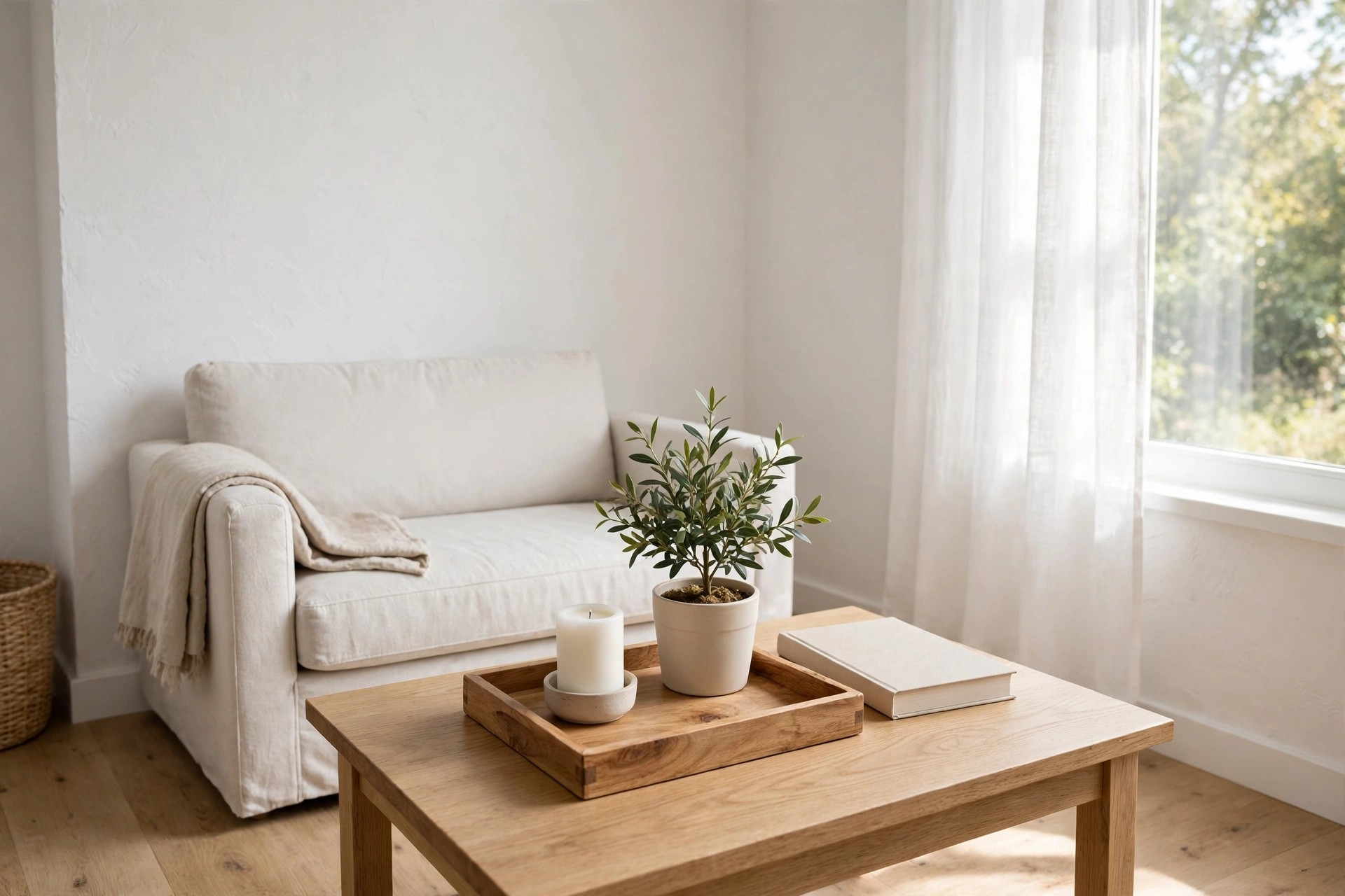 Wood tray on a coffee table holding a candle and a small potted plant, with a book beside the tray