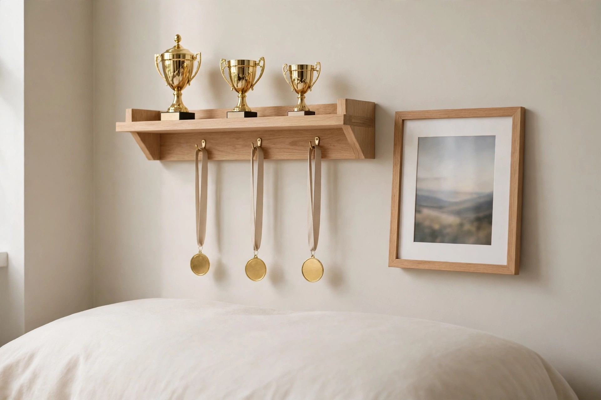 Wooden shelf holding three small gold trophies with medals hanging below on plain ribbons, beside a framed photo above a bed