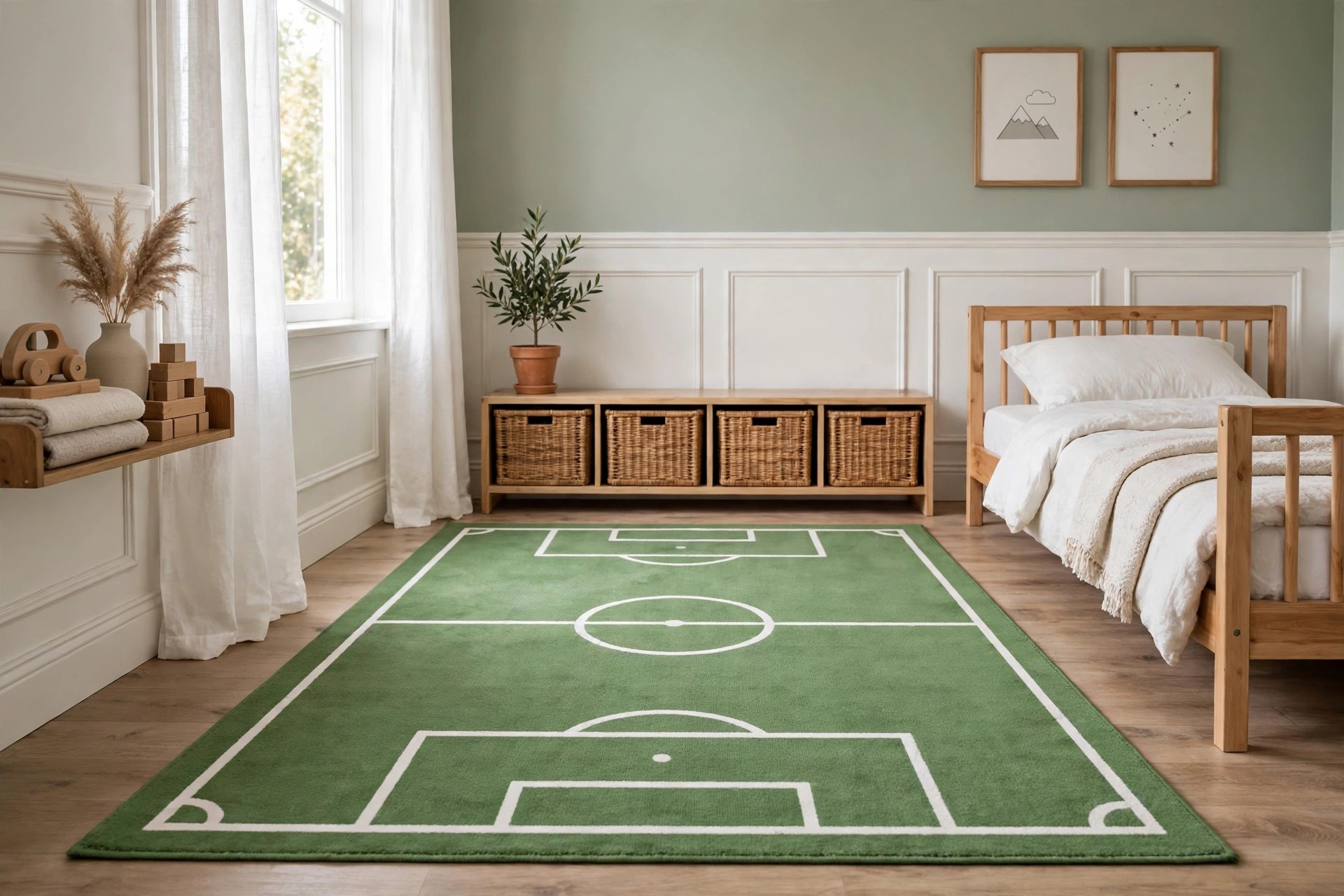 Green play rug printed with simple white field lines and no words or numbers, on the floor of a tidy kids bedroom