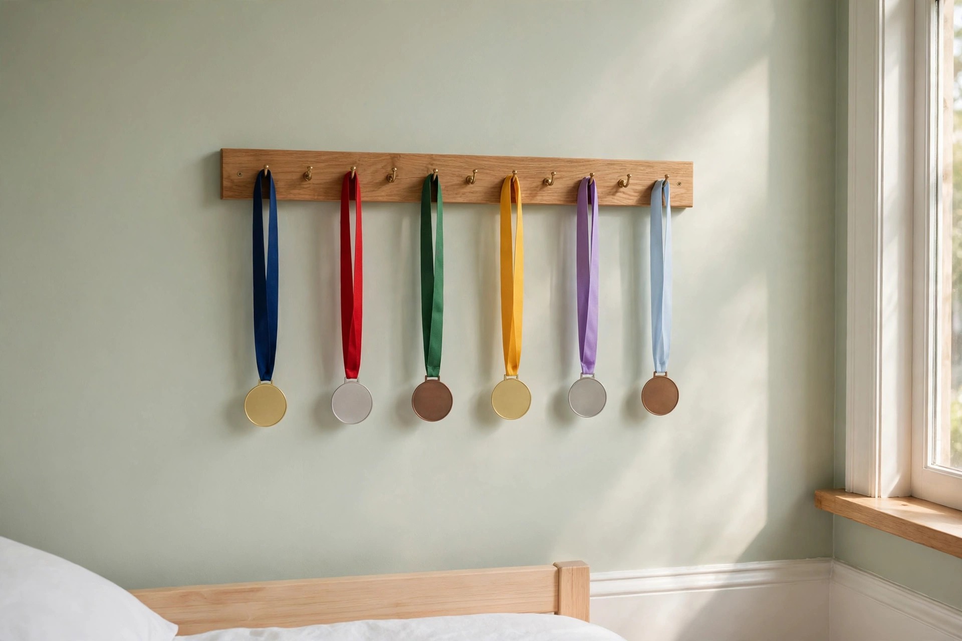 Wooden medal rail with plain medals on solid color ribbons hanging in a neat row, no text on the medals