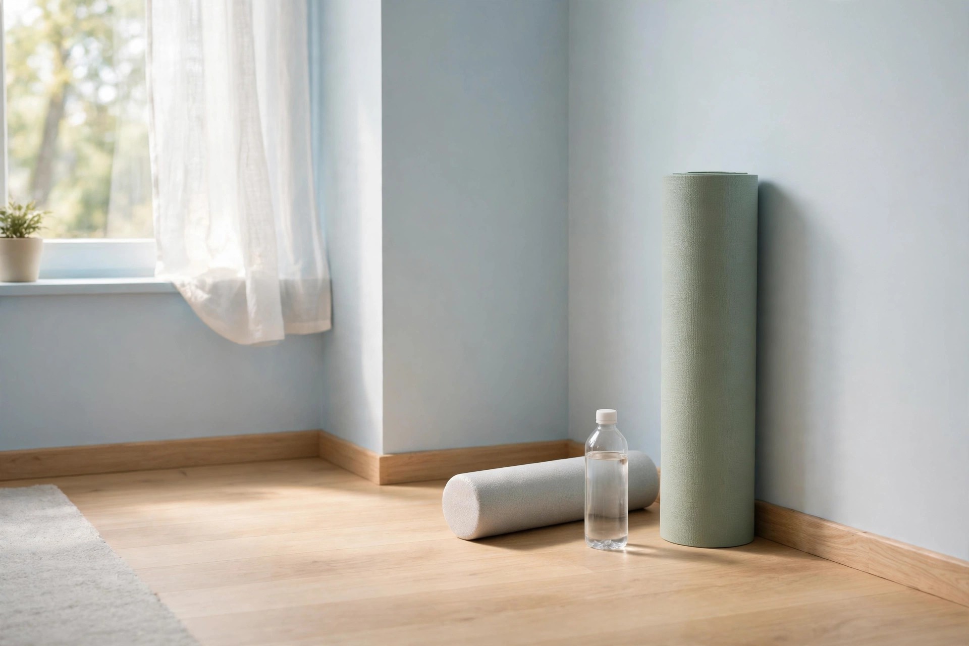 Small stretch corner with a rolled mat standing against the wall, a foam roller and a plain water bottle on clear floor