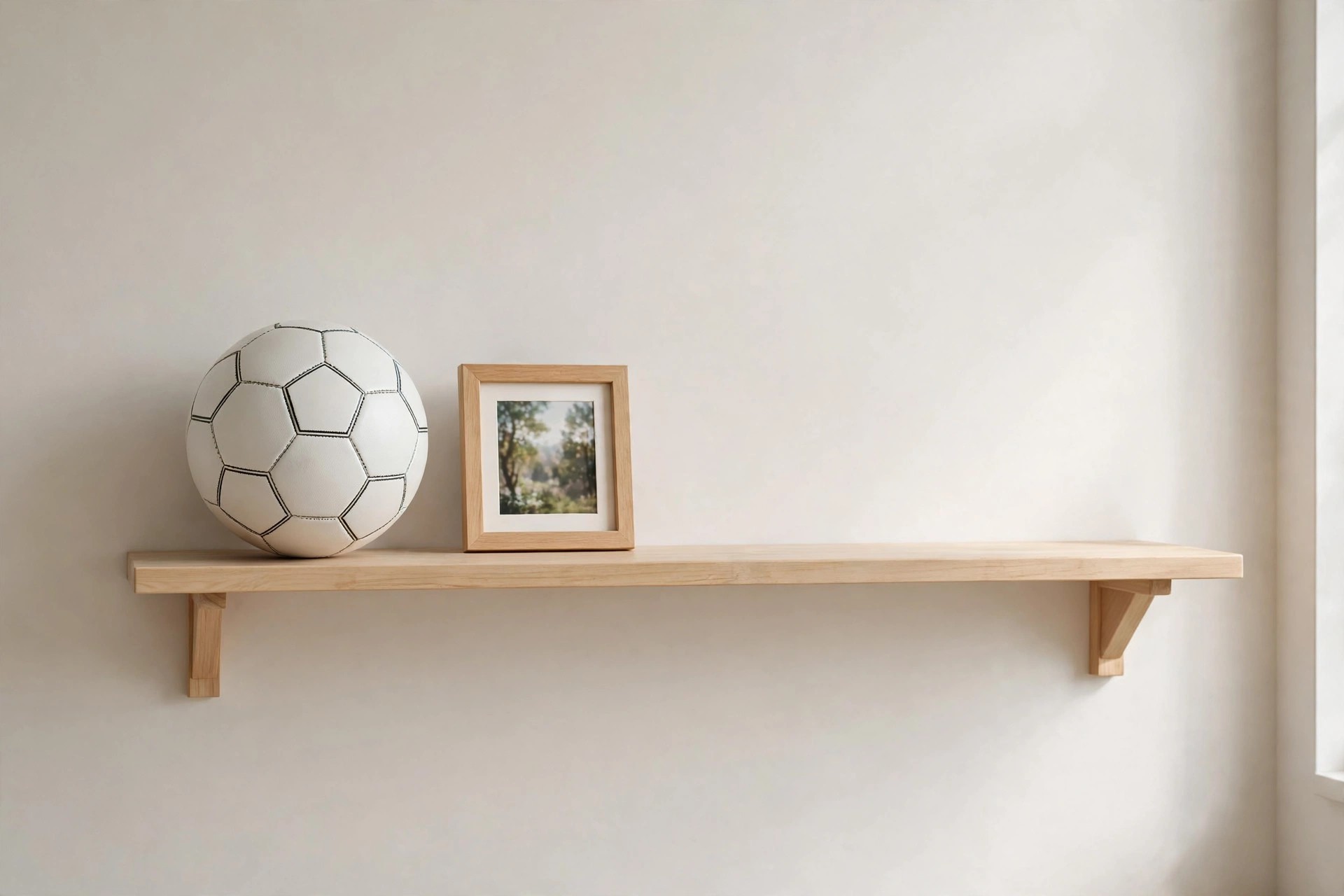 Display shelf holding one plain soccer ball and one small framed photo, with empty space beside them for a seasonal swap