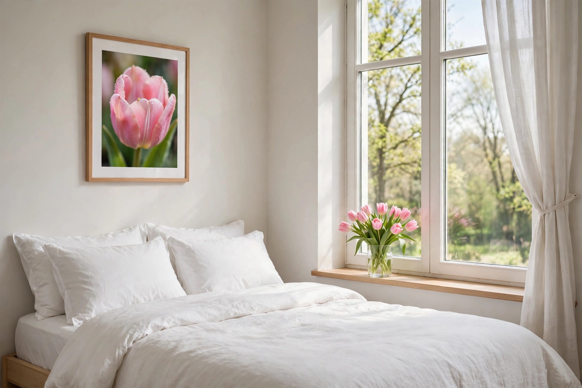 Framed close-up photo of a pink tulip on a bedroom wall beside a bright window with tulips on the sill