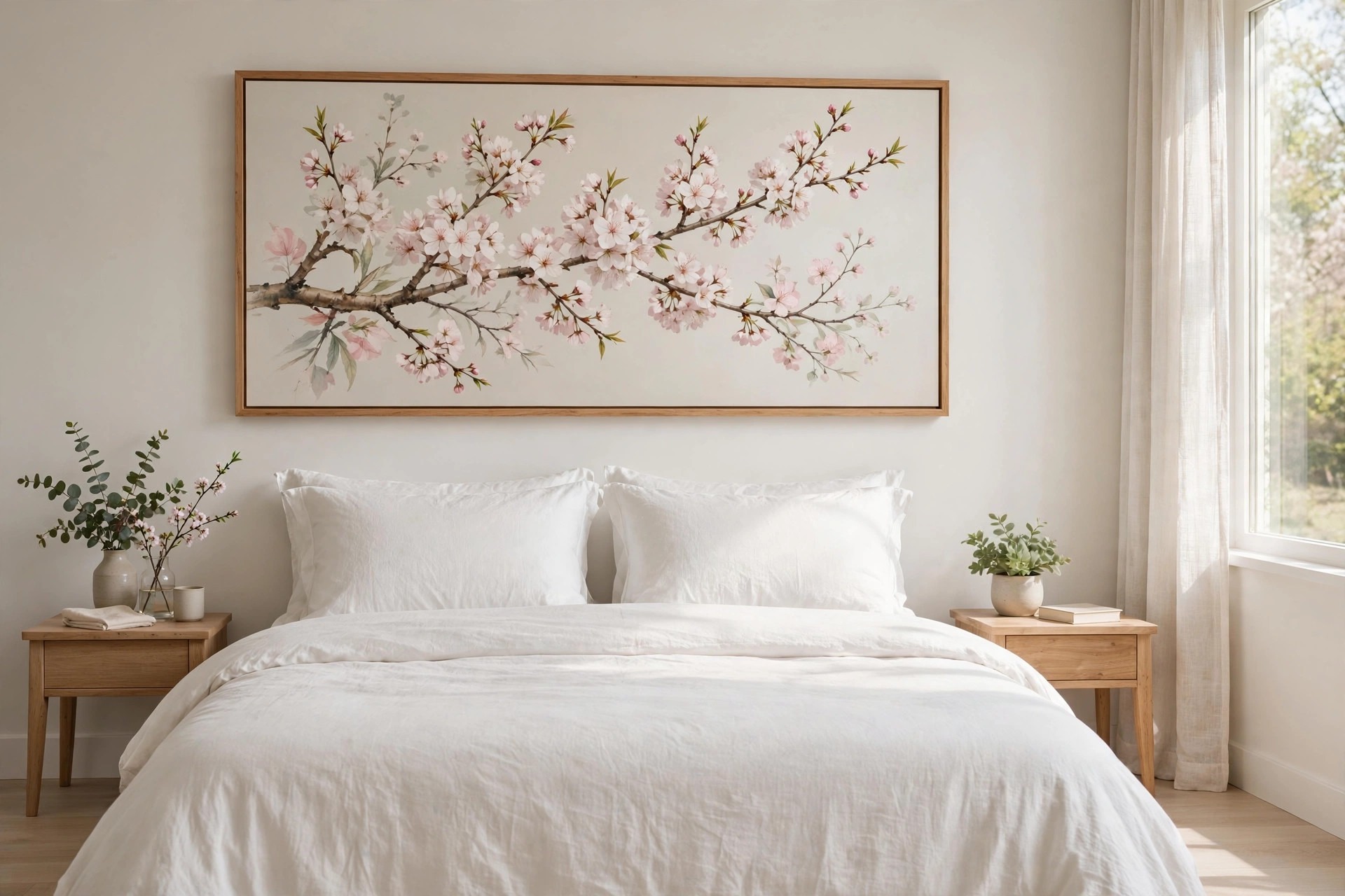 Long wide framed cherry blossom branch print with pink blooms above a bed with white bedding