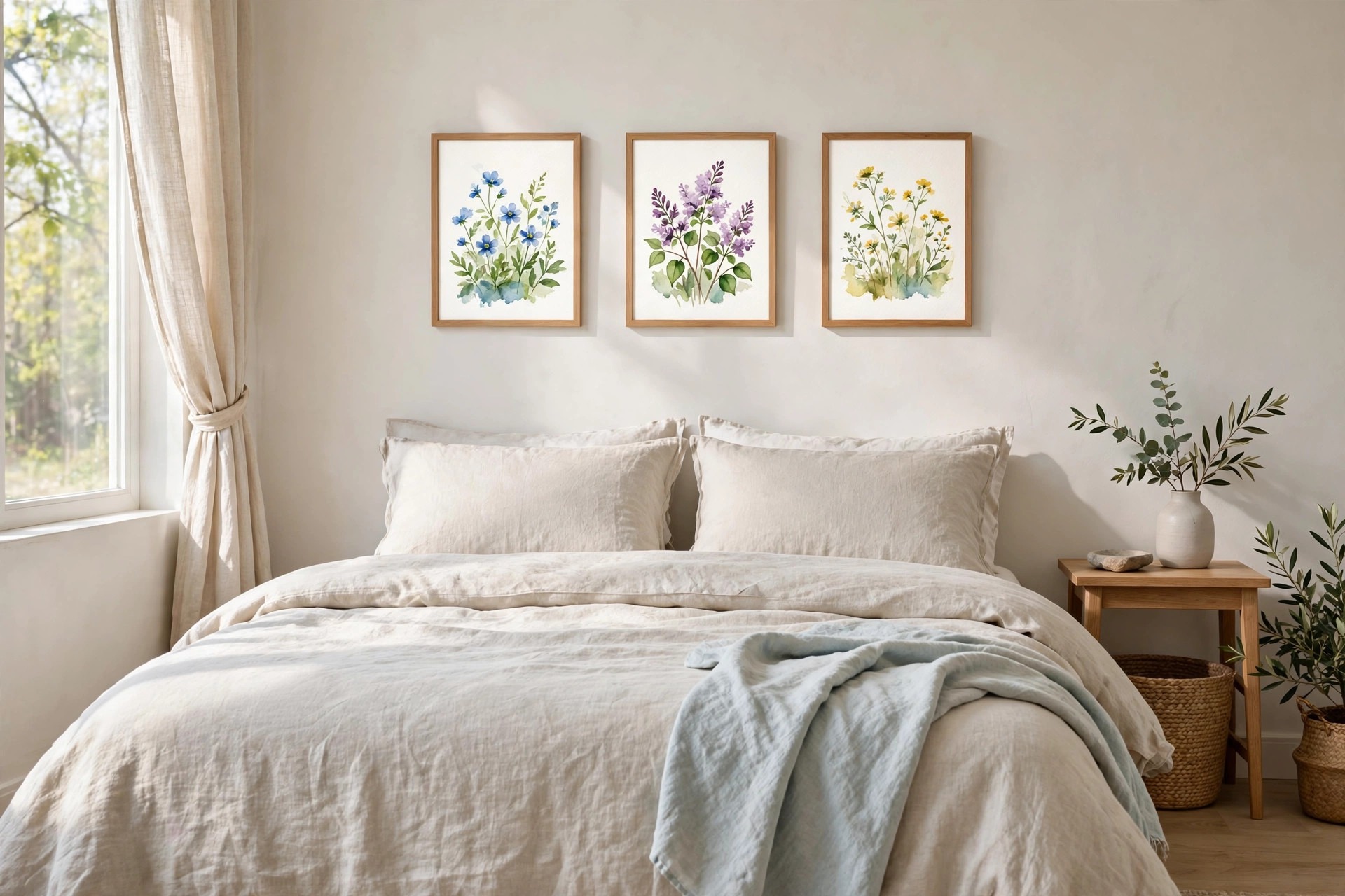 Three watercolor wildflower prints in blue, lilac and yellow above a bed with linen bedding