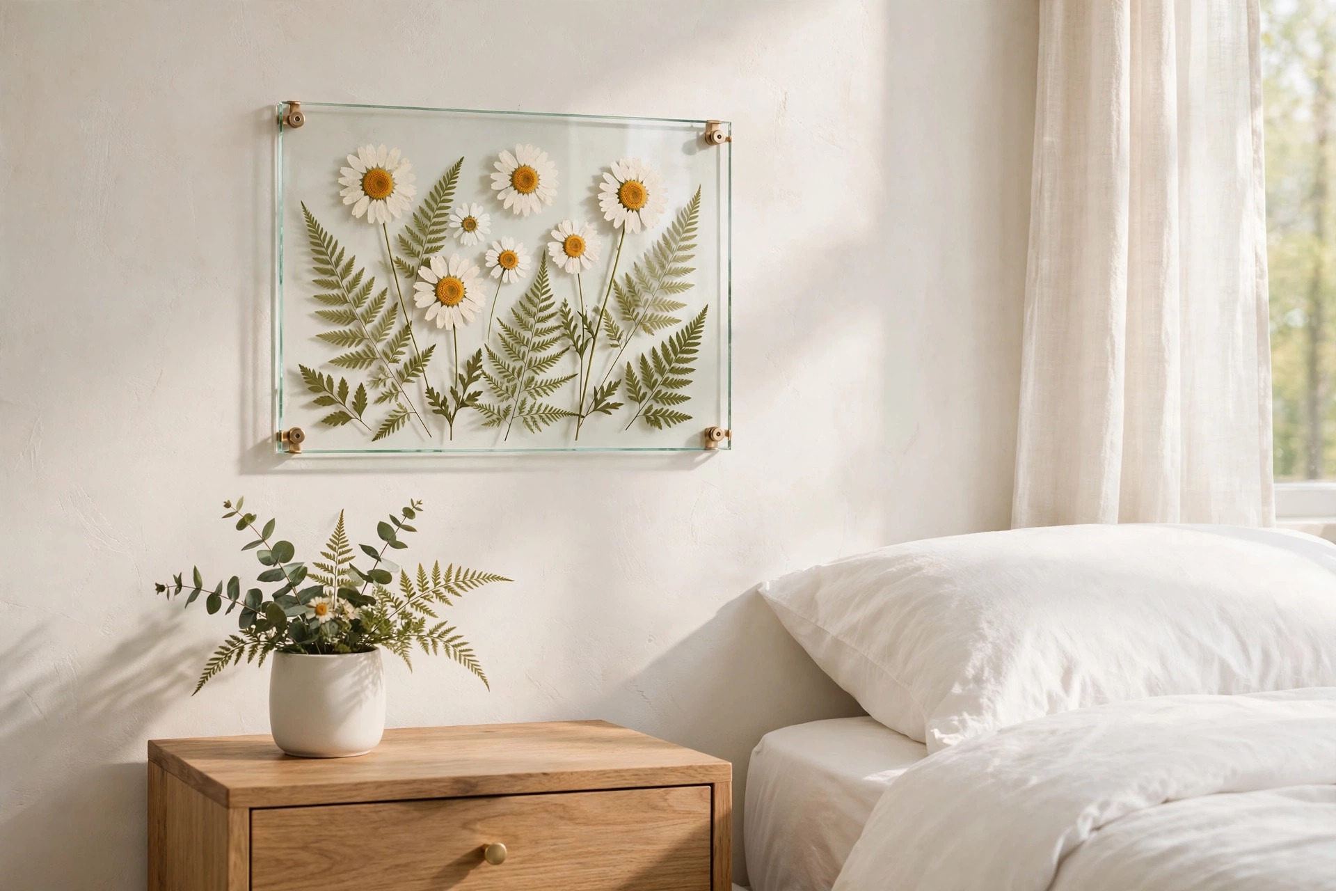 Clear glass frame with pressed white daisies and green fern leaves on a wall above a wood nightstand