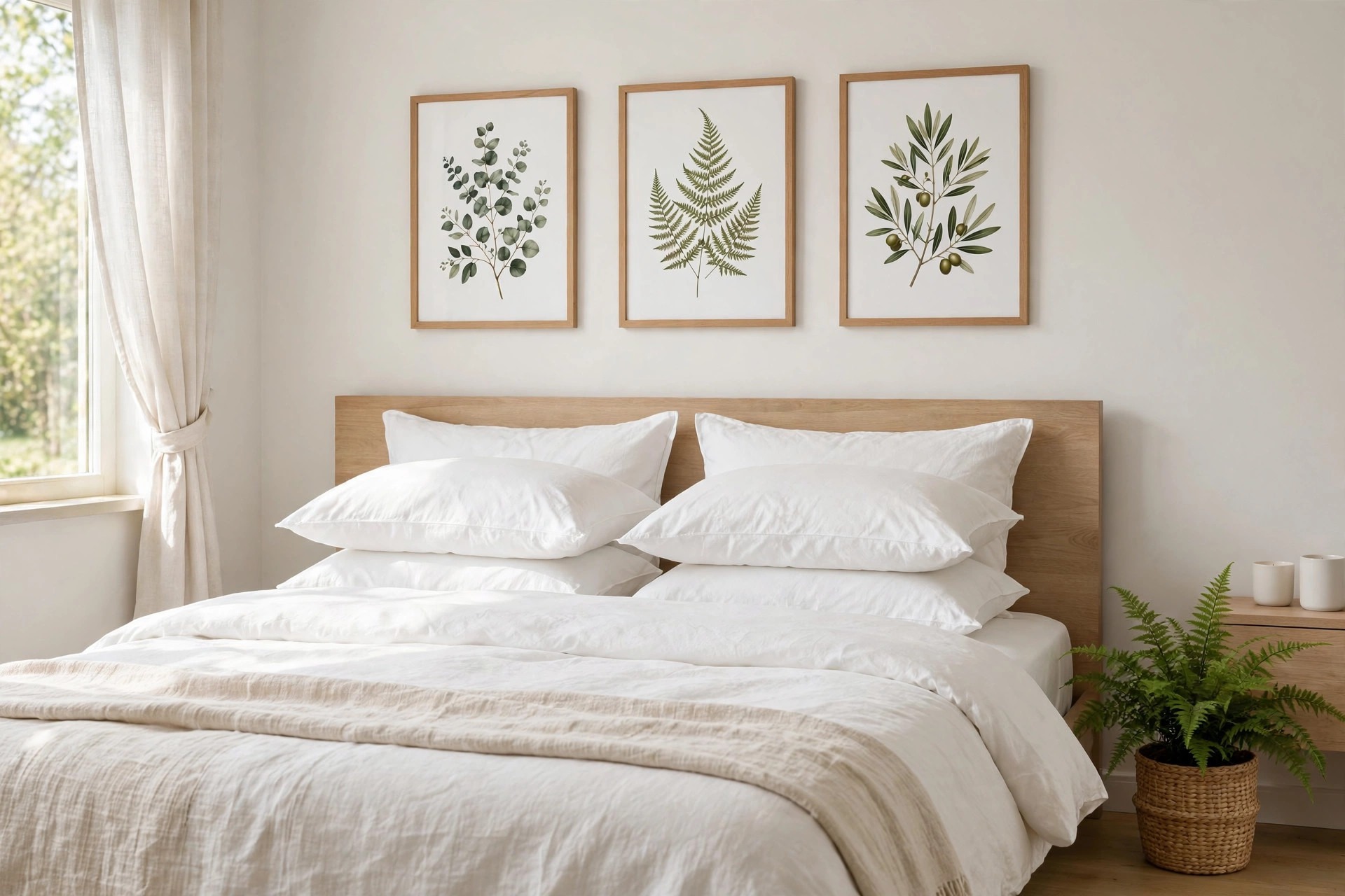 Three green leaf prints of eucalyptus, fern and olive on white above a wood headboard and white bed