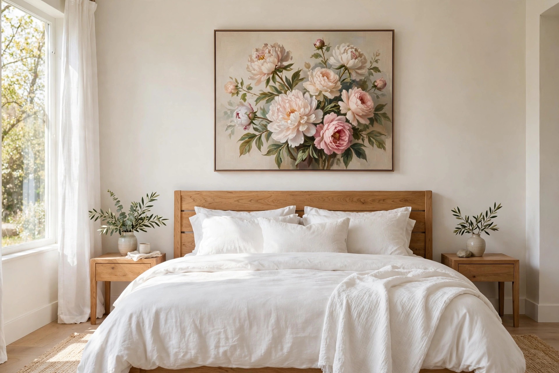 One large canvas of pink and white peonies and roses above a wood headboard and white bed