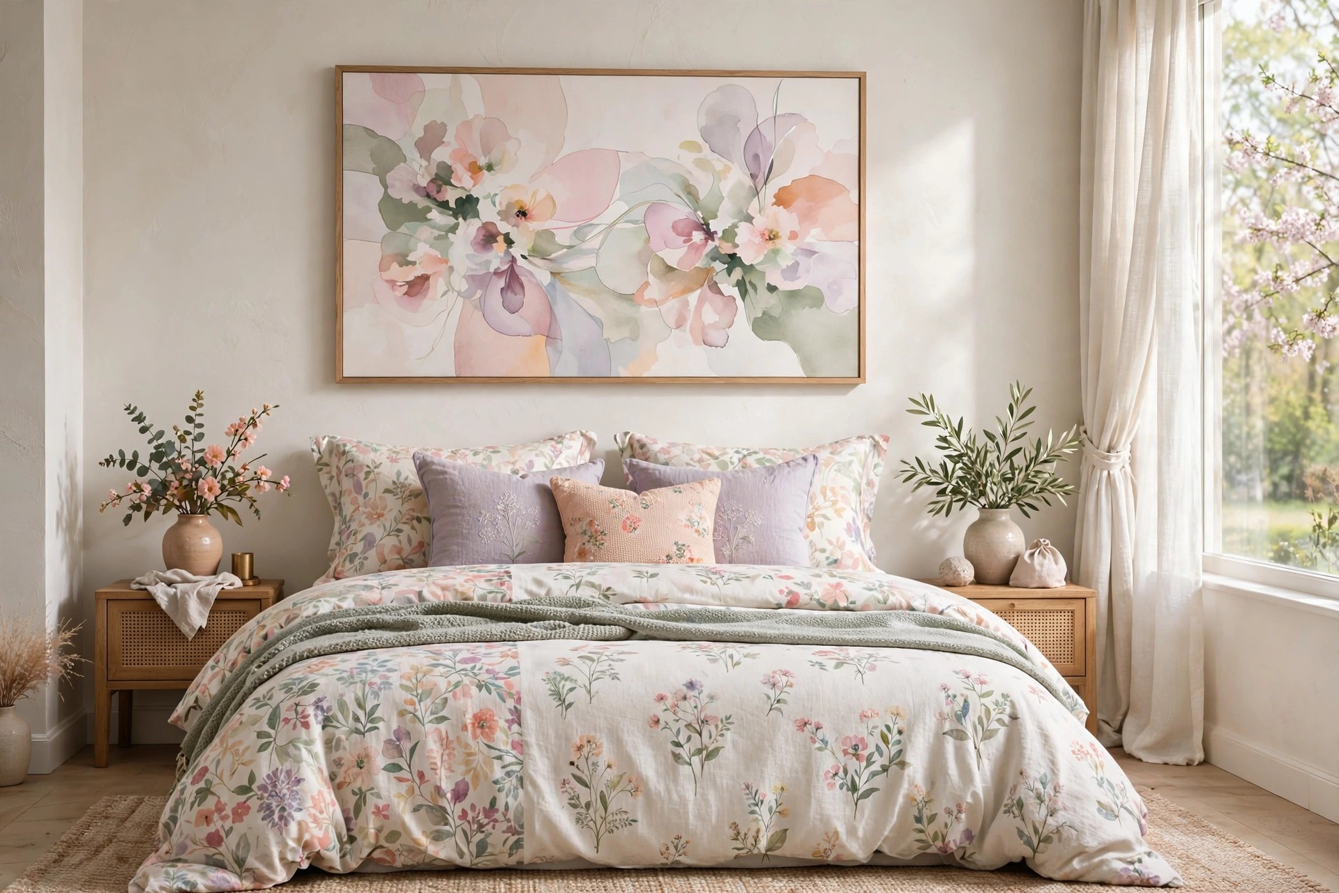 Wide pastel abstract print in blush, sage, lilac and peach above a bed with floral bedding