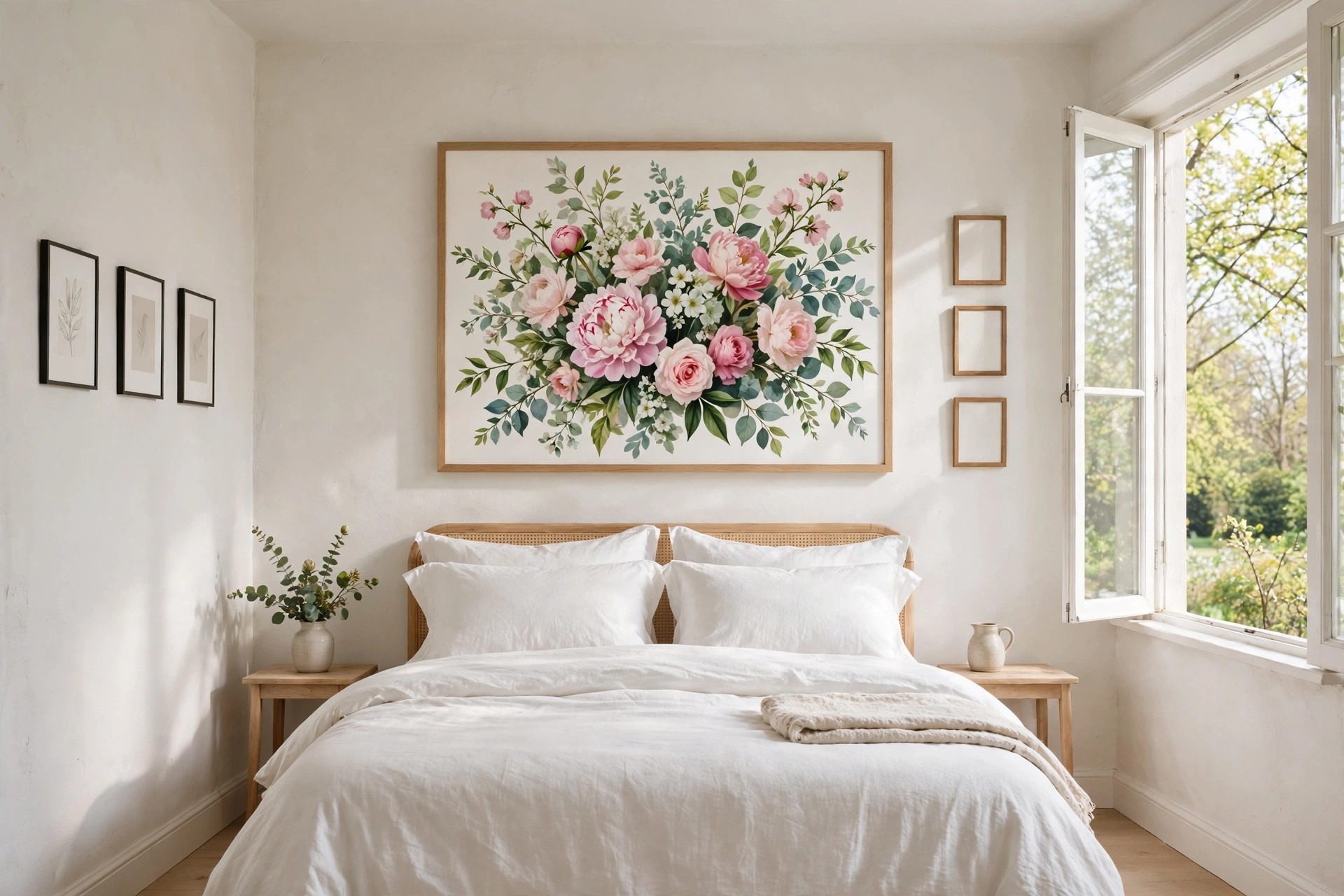 One large fresh floral print above a bed, with small plain frames on the side walls and an open window