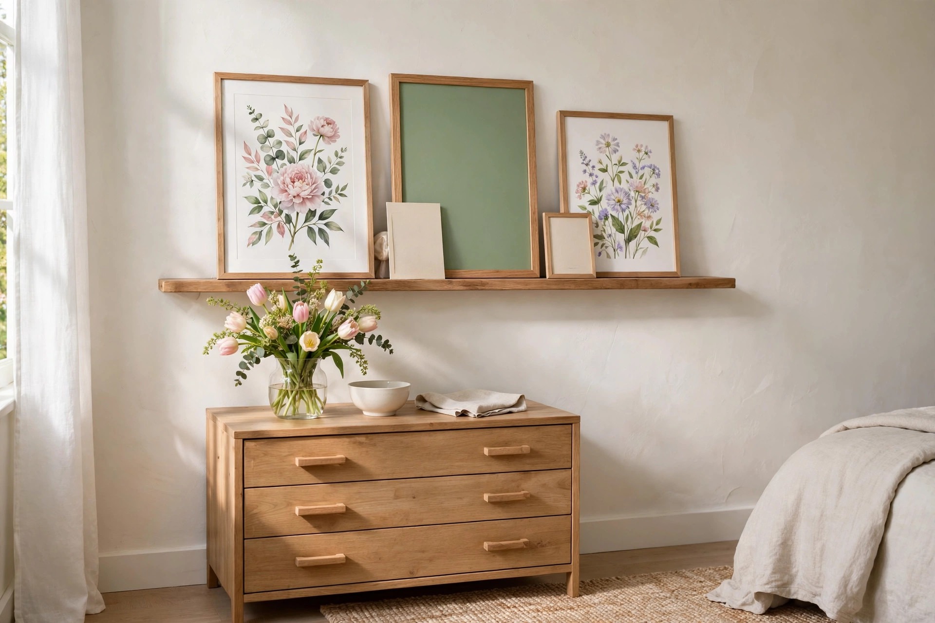 Wood picture ledge with leaning floral prints and a plain green print above a dresser with tulips