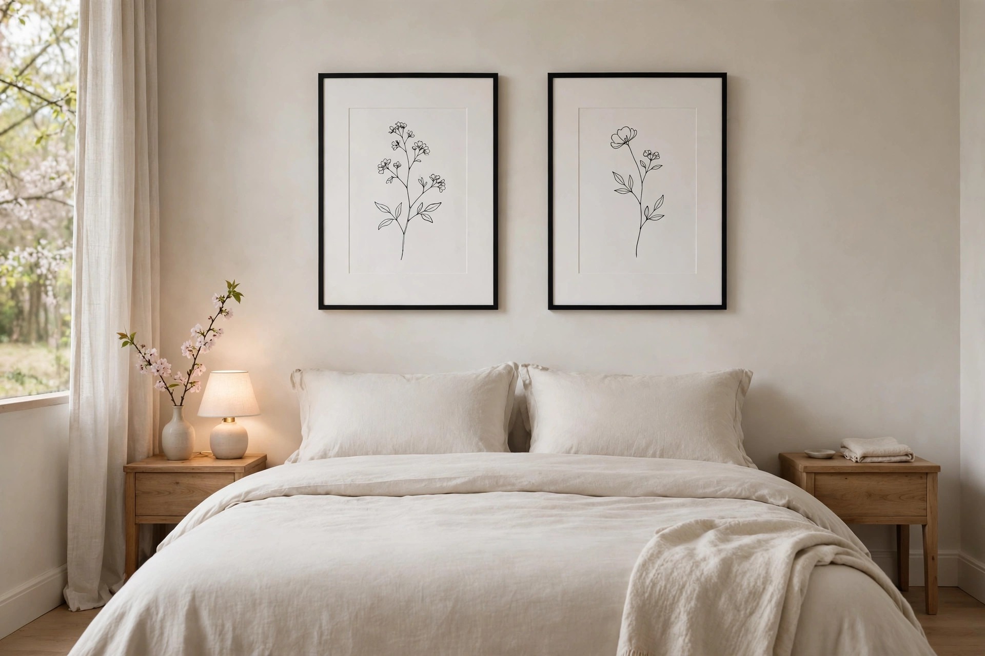 Two black line drawings of flower stems with wide white mats in black frames above a calm bed
