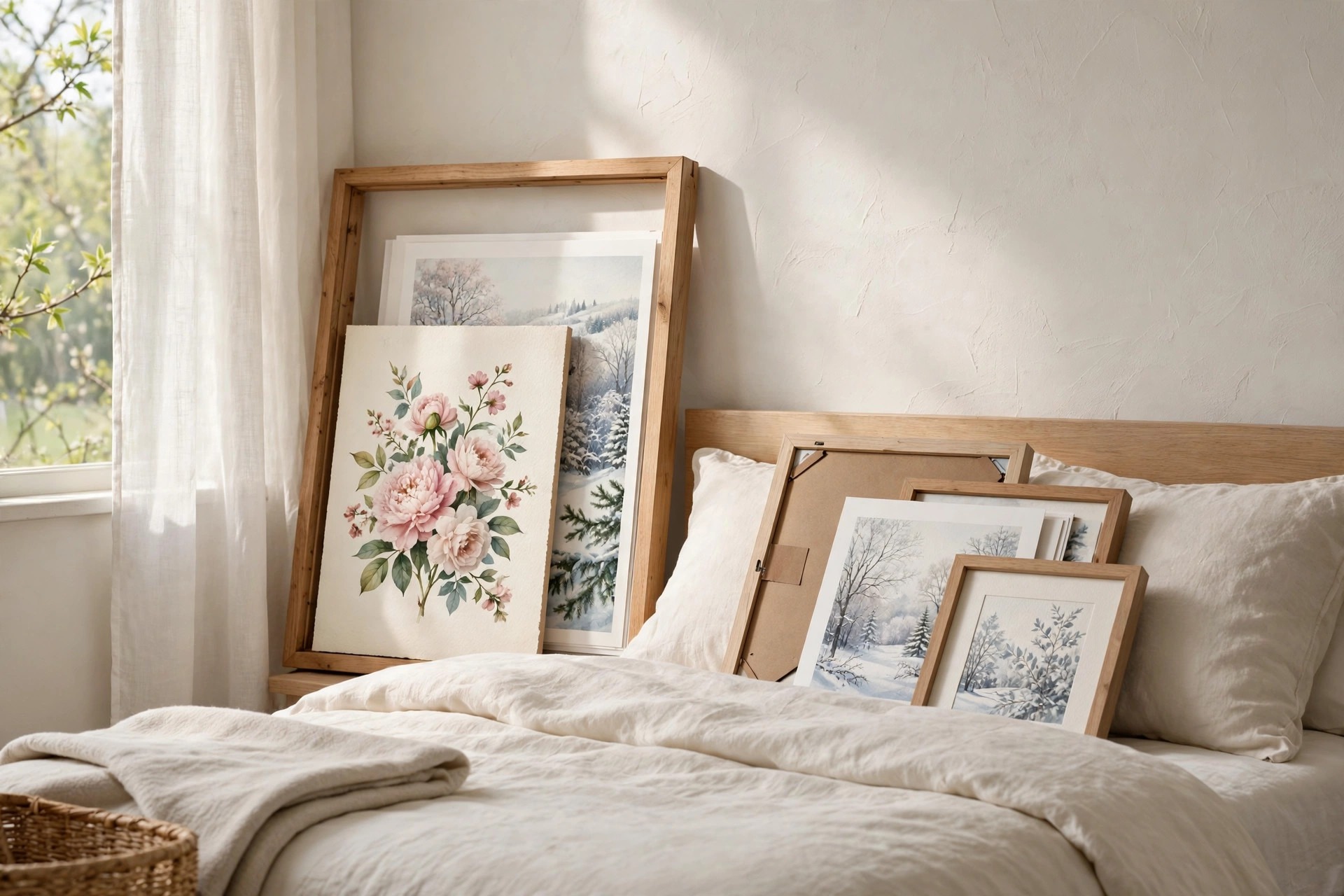 Floral and winter prints with wood frames resting on a clean bed during a seasonal swap