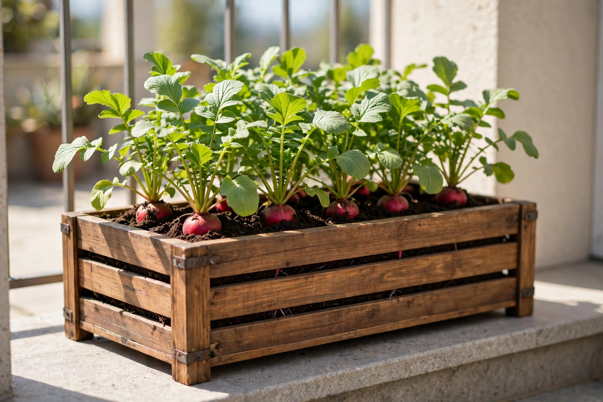 A wooden window box of radish plants with round red roots showing at the soil line on a sunny balcony step