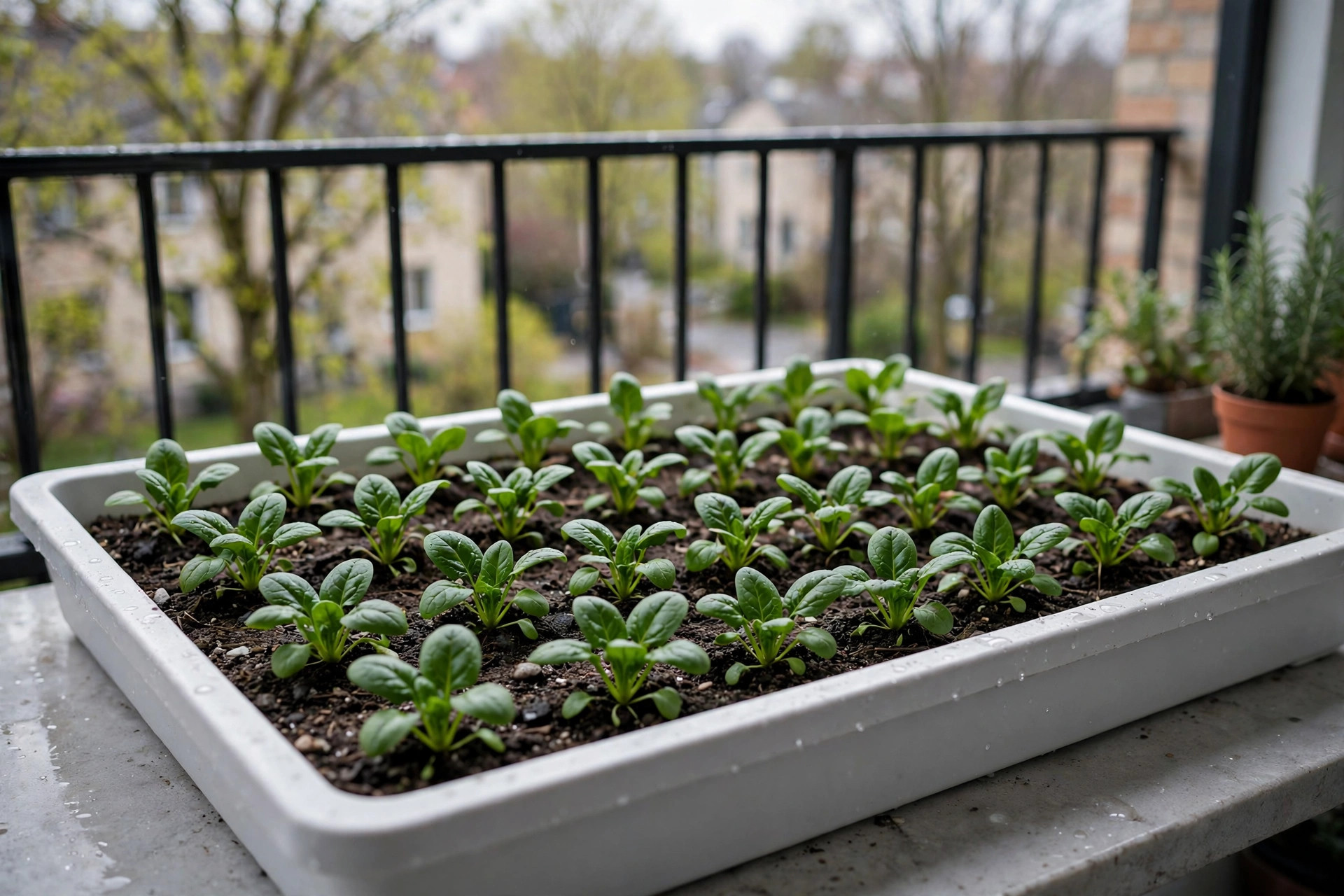 Short rows of young spinach plants with deep green leaves in a wide shallow white tray on a balcony
