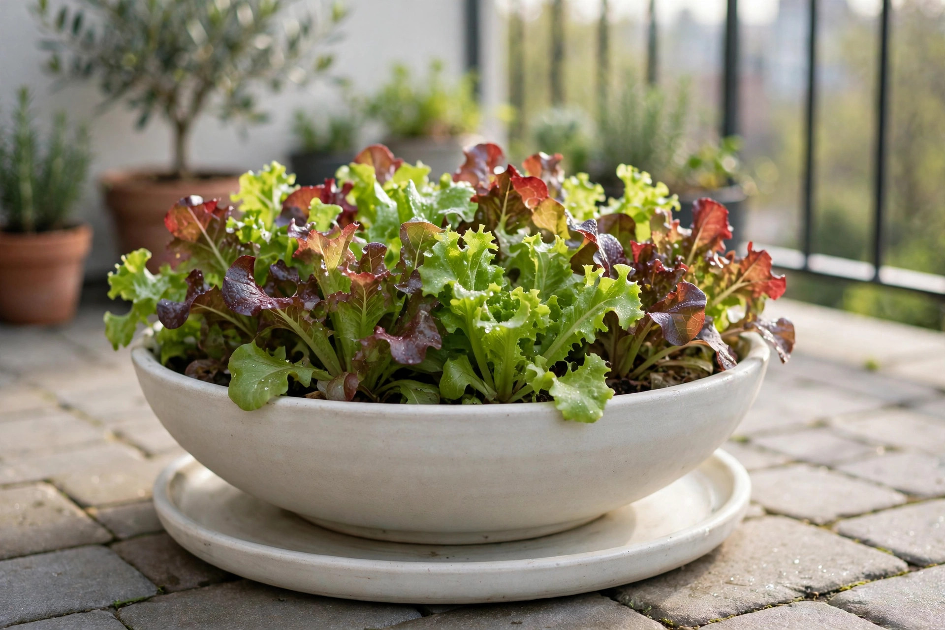 A wide shallow bowl full of green and red loose-leaf lettuce on a saucer on a paved balcony