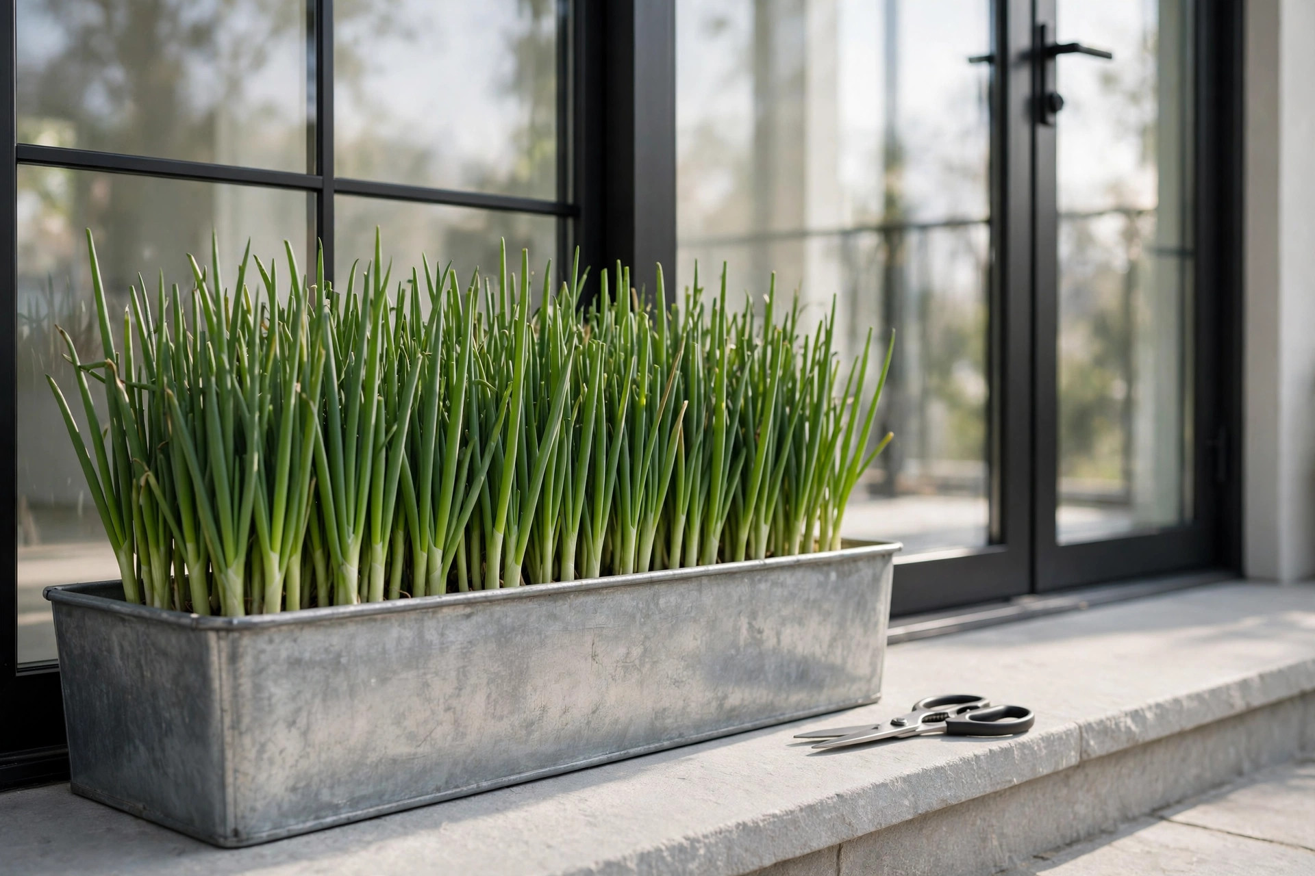 A long metal trough of upright green scallions on a step beside a glass door, with scissors resting nearby