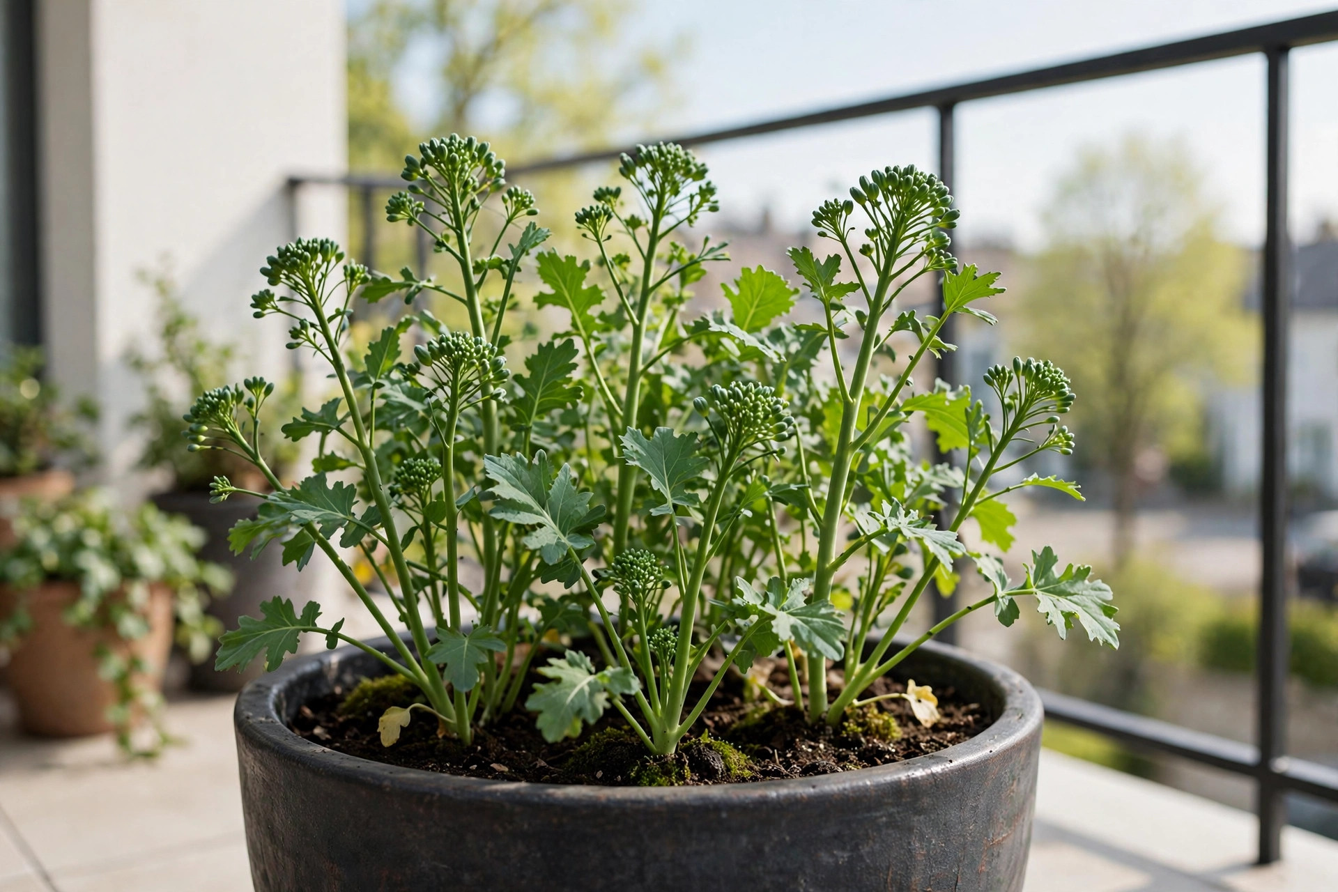 Broccoli raab plants with thin stems and small green buds in a deep pot on a bright balcony