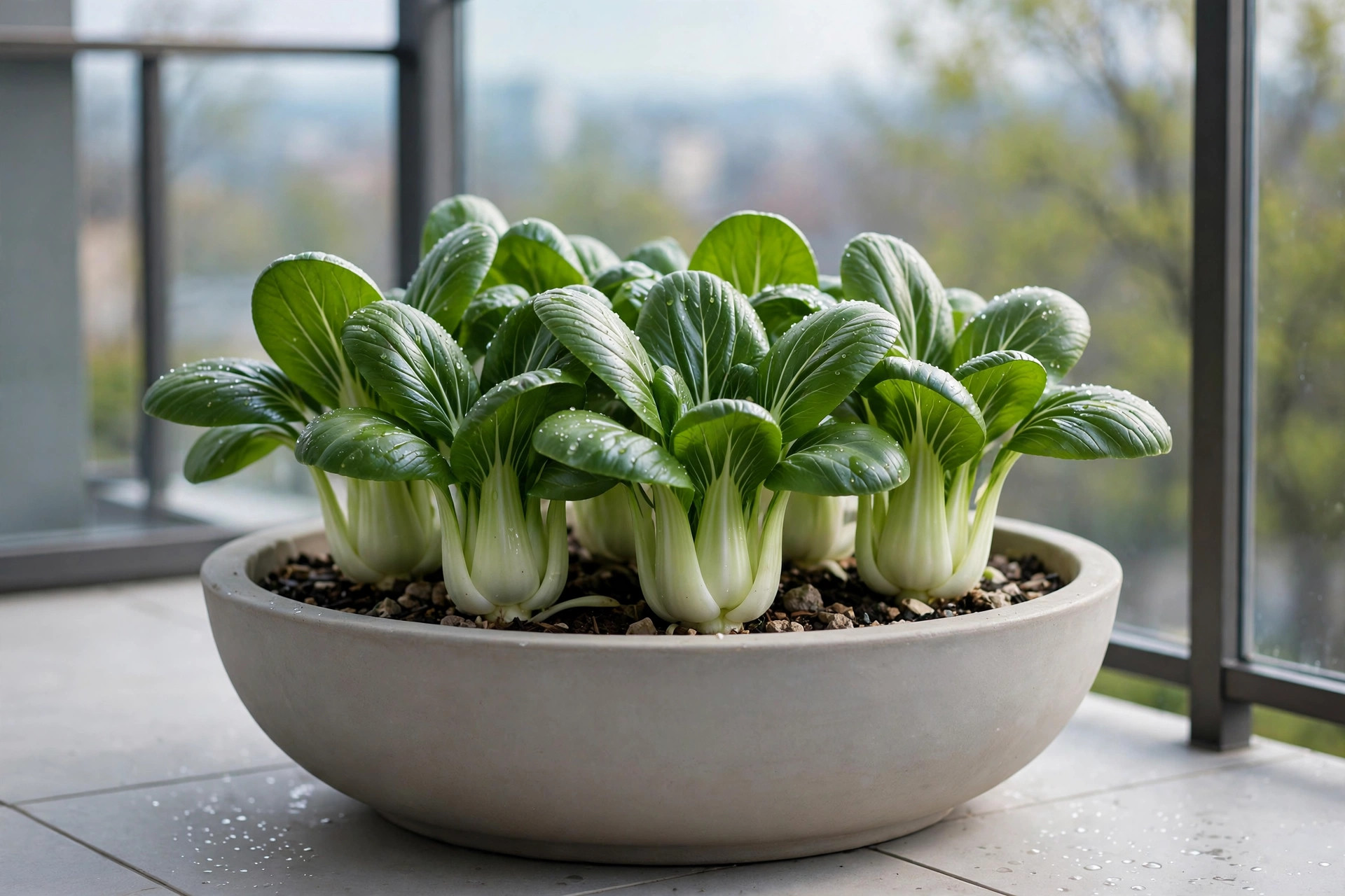 Compact bok choy plants with glossy green leaves and thick pale stems in a wide pot on a balcony