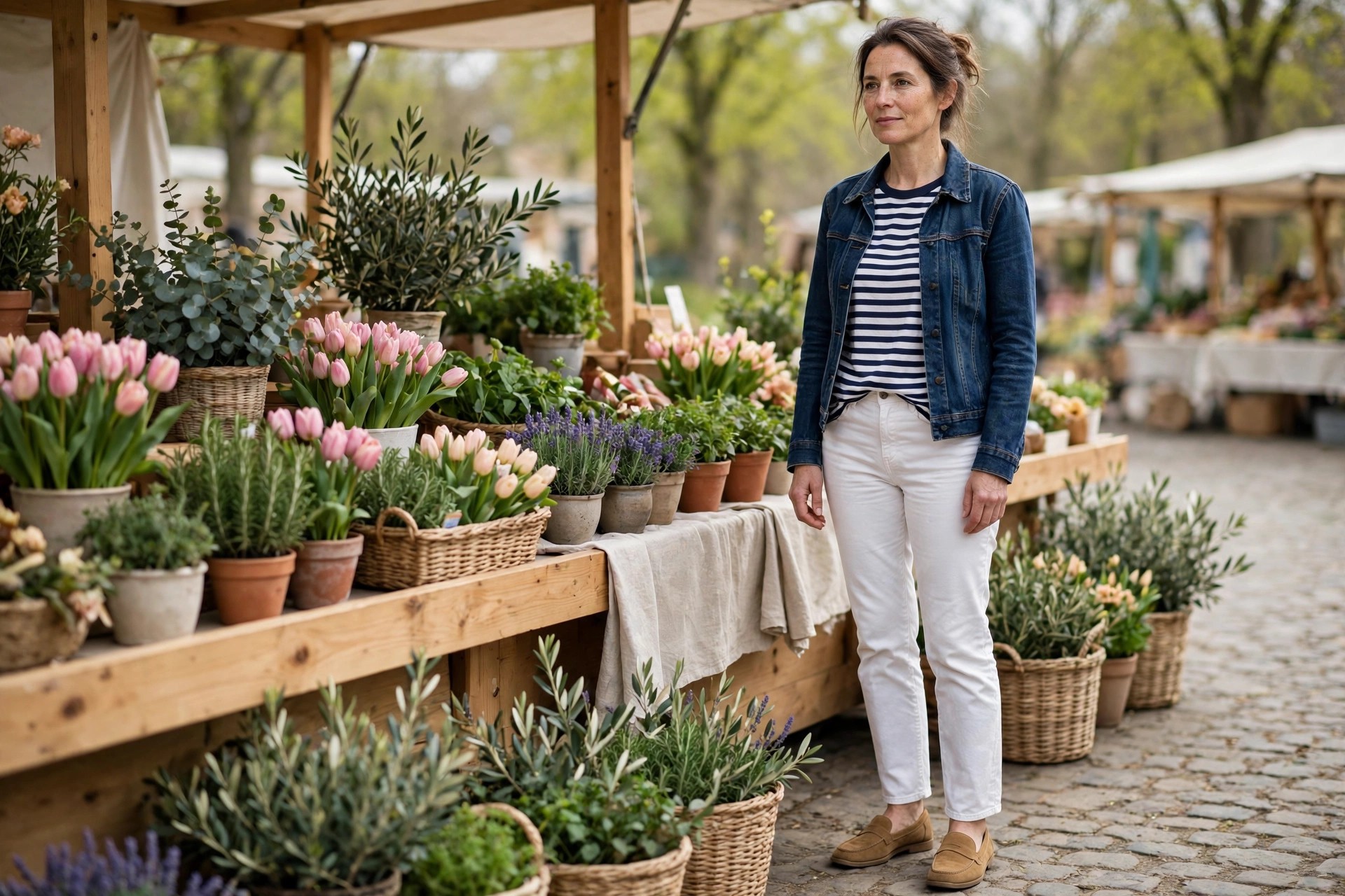 Woman in white straight-leg jeans, a navy striped tee, a darker blue denim jacket, and tan loafers at a spring plant market.