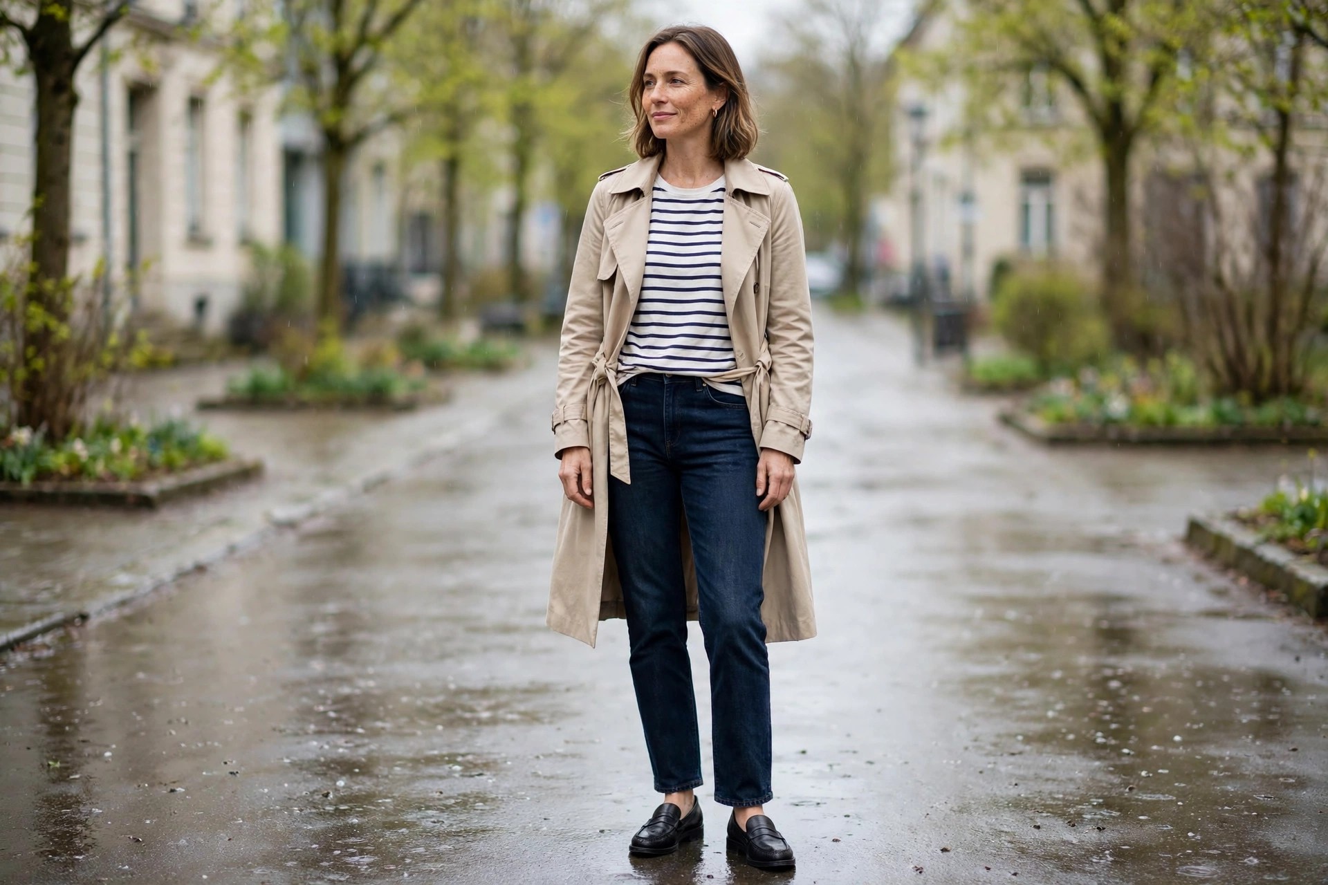 Woman in dark straight-leg jeans, a white and navy Breton stripe top, a beige trench coat, and black leather loafers on a damp spring street.
