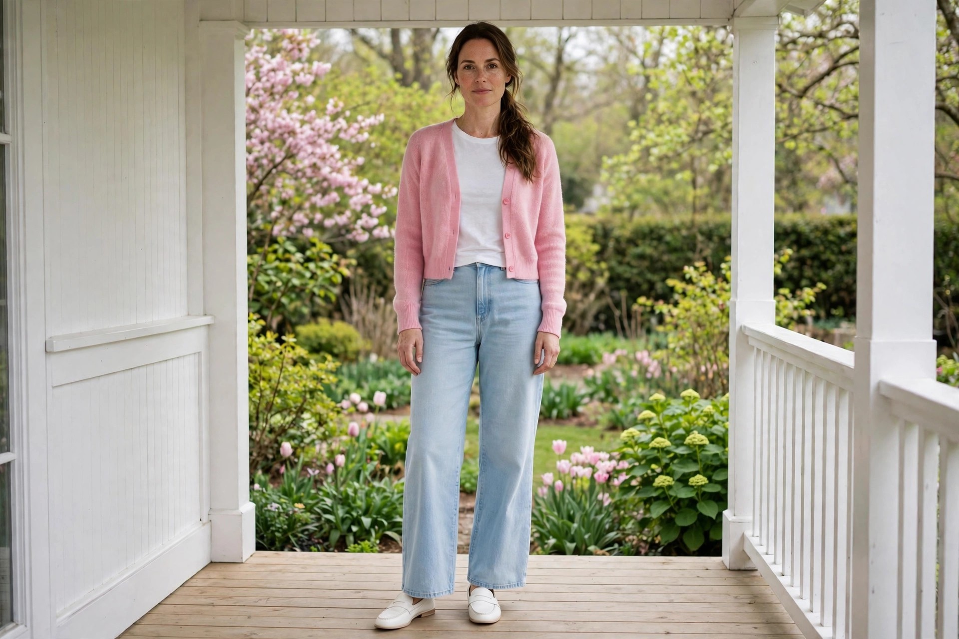 Woman in pale blue wide-leg jeans, a white fitted tee, a cropped soft pink cardigan, and white leather loafers on a porch.